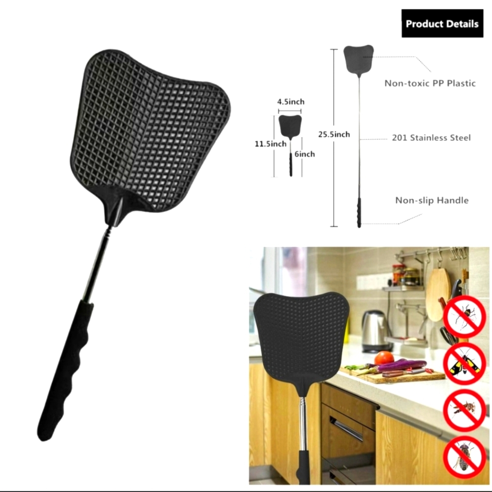 🍎 New Fly Swatter Durable Heavy Duty Plastic  Stainless Steel Telescopic